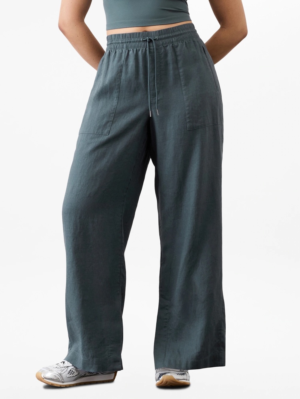 Athleta Retreat Linen High Rise Wide Leg Pants in Slate Green
